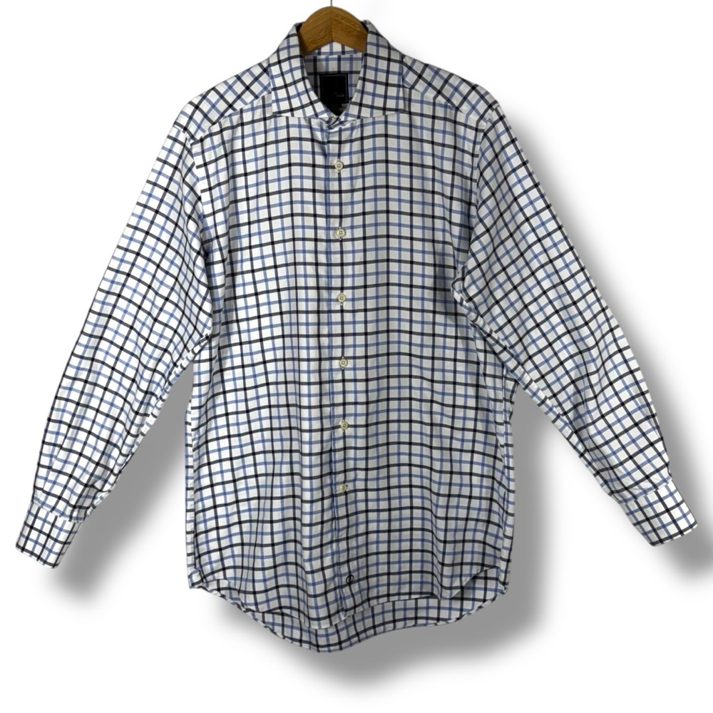David Donahue Trim Fit Dress Shirt, Blue/Grey Windowpane, Size 16.5/34-35